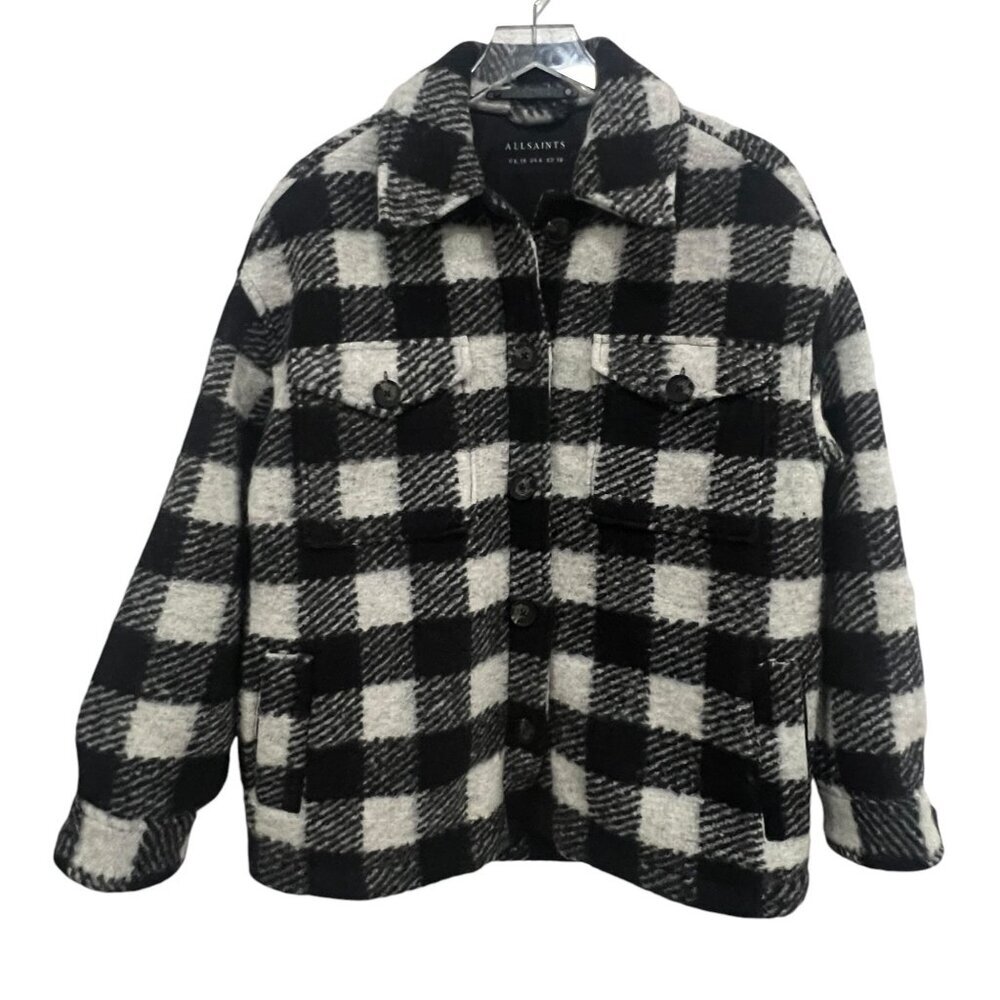 All Saints Fenix Check Jacket Coat Size US 6 Black White Button-Up Wool Blend‎